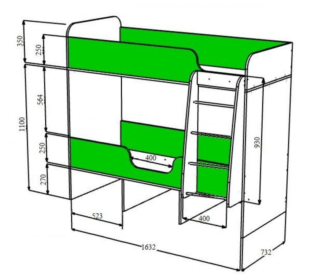 Кровать двухъярусная Роджер габариты